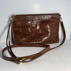 Fossil- Croc-Embossed Brown Leather Crossbody Bag